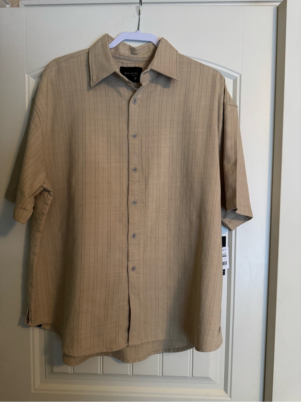 Beach Brain Men’s Pin Striped Short-Sleeve Button-Up Shirt — Beige